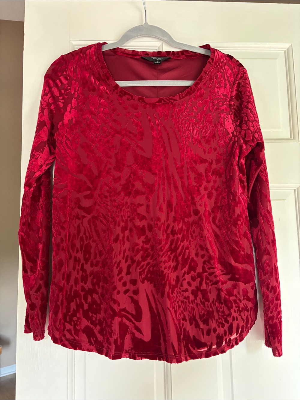 Vera Wang Red Burnout Velvet Long Sleeve Scoop Neck Top